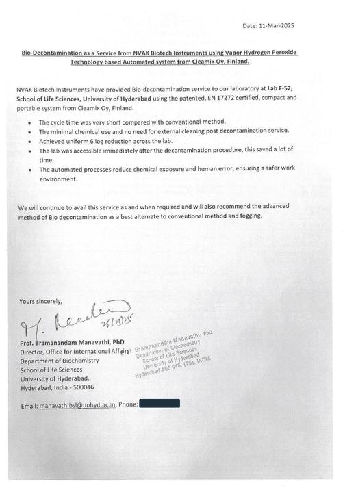 Feedback letter from University of Hyderabad