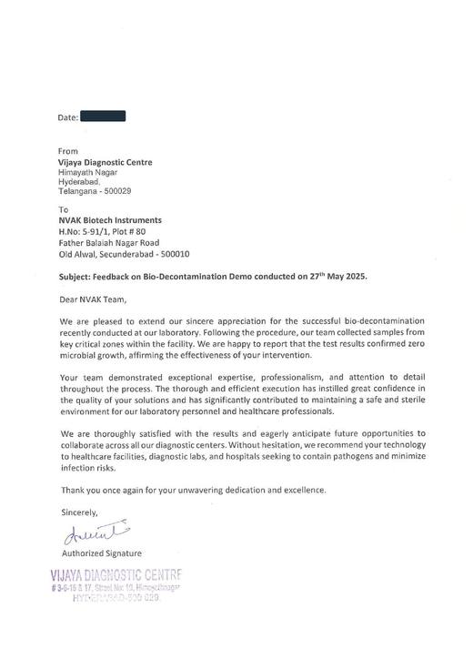 Feedback letter from Vijaya Diagnostic Centre